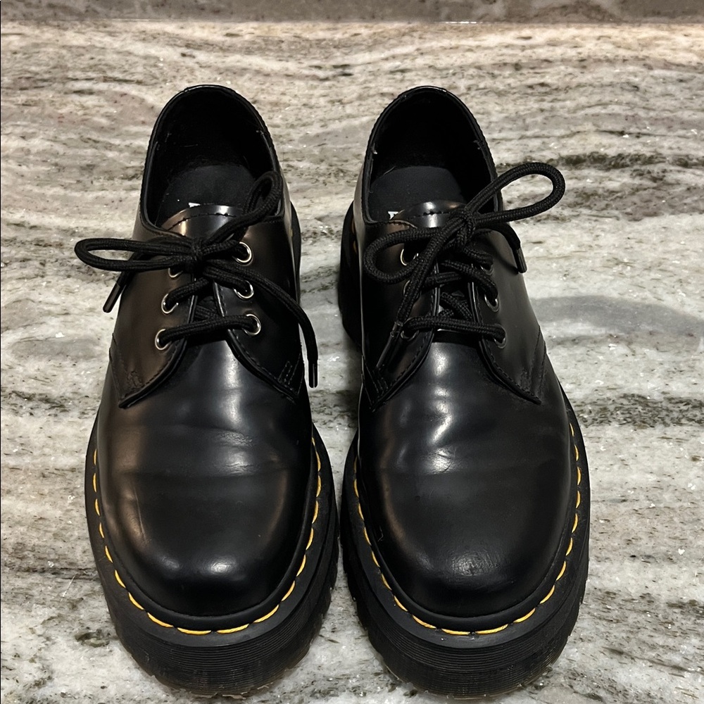 Dr. Martens Black Leather Oxfords with Yellow Stitching